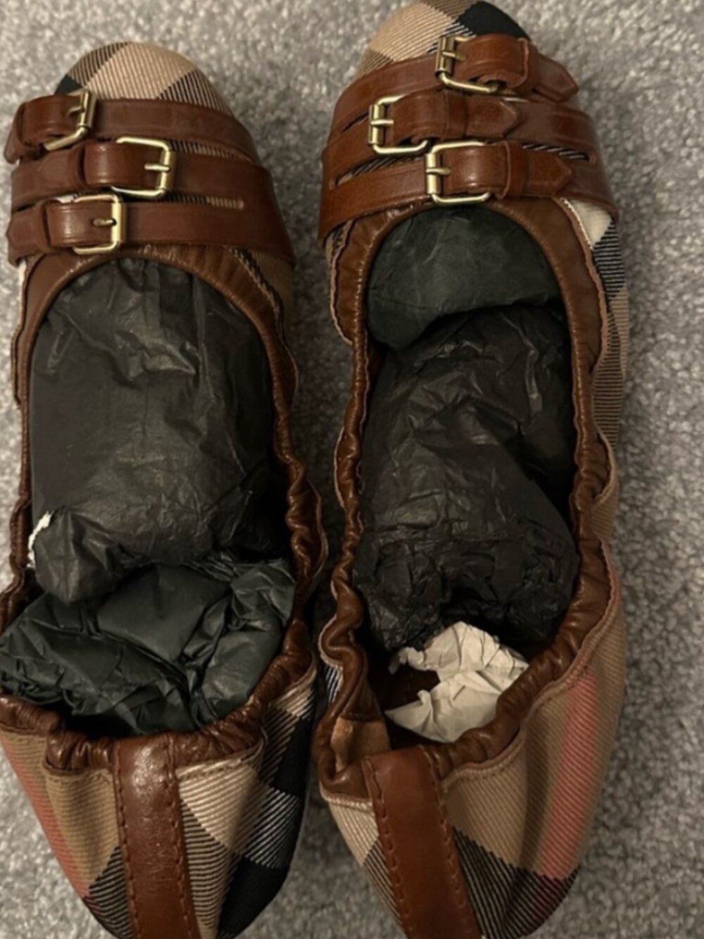 BURBERRY Bridle House Check Falconer Dark Tan Canvas Ballerina Buckle Flats 6